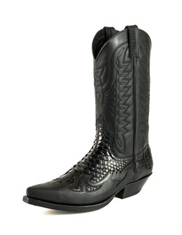 Mayura Boots 1935 Black/ Black Python Pointed Cowboy Western Boots Slanted Heel Straight Shaft Pull Loops Goodyear Welted Front