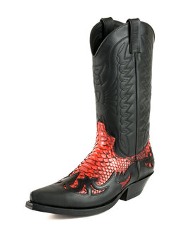 Mayura Boots 1935 Black/ Red Python Pointed Cowboy Western Boots Slanted Heel Straight Shaft Pull Loops Goodyear Welted