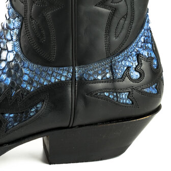 Mayura Boots 1935P Black/ Blue Python Pointed Cowboy Western Boots Slanted Heel Straight Shaft Pull Loops Goodyear Welted