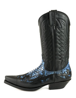 Mayura Boots 1935P Black/ Blue Python Pointed Cowboy Western Boots Slanted Heel Straight Shaft Pull Loops Goodyear Welted