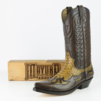 Mayura Boots 1935P Bruin/ Camel Python- Spitse Cowboy Western Laarzen Schuine Hak Rechte Schacht Treklussen Goodyear Welted Zij