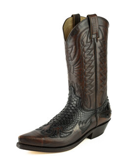 Mayura Boots 1935P Brown/ Black Phyton- Pointed Cowboy Western Boots Slanted Heel Straight Shaft Pull Loops Goodyear Welted