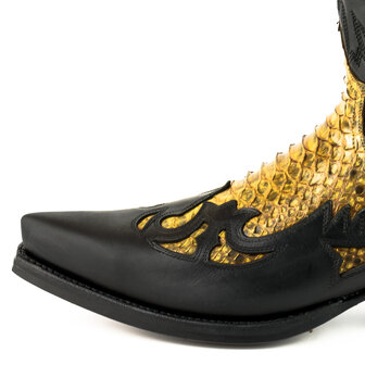 Mayura Boots 1935P Zwart/ Camel Python Spitse Cowboy Western Laarzen Schuine Hak Rechte Schacht Treklussen Goodyear Welted Deta