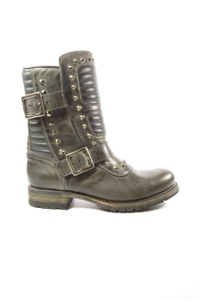 Sendra Boots 11720 Chiquita Gray Ladies Biker Casual Fashion Motorcycle Boots Round Toe Anti Slip Sole Buckle Closure Studs Genuine leather