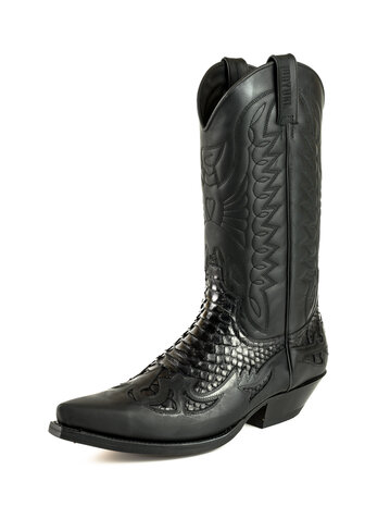 Mayura Boots 1935 Black/ Black Python Pointed Cowboy Western Boots Slanted Heel Straight Shaft Pull Loops Goodyear Welted