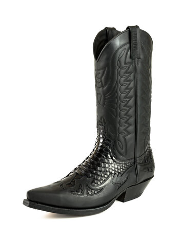Mayura Boots 1935 Black/ Black Python Pointed Cowboy Western Boots Slanted Heel Straight Shaft Pull Loops Goodyear Welted Front