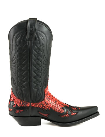 Mayura Boots 1935 Black/ Red Python Pointed Cowboy Western Boots Slanted Heel Straight Shaft Pull Loops Goodyear Welted
