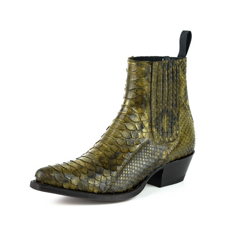 Mayura Boots 2496P Kahki/ Python Women Western Ankle Boots Pointed Toe Cowboy Heel Elastic Closure Genuine Leather