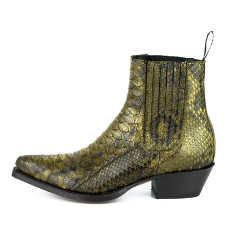 Mayura Boots 2496P Kahki/ Python Women Western Ankle Boots Pointed Toe Cowboy Heel Elastic Closure Genuine Leather