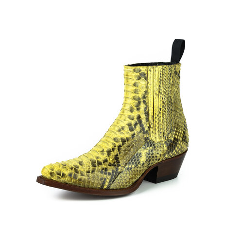 Mayura Boots 2496P Yellow/ Python Women Western Ankle Boots Pointed Toe Cowboy Heel Elastic Closure Genuine Leather
