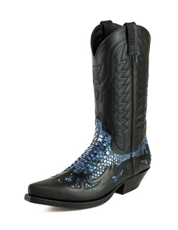 Mayura Boots 1935P Black/ Blue Python Pointed Cowboy Western Boots Slanted Heel Straight Shaft Pull Loops Goodyear Welted