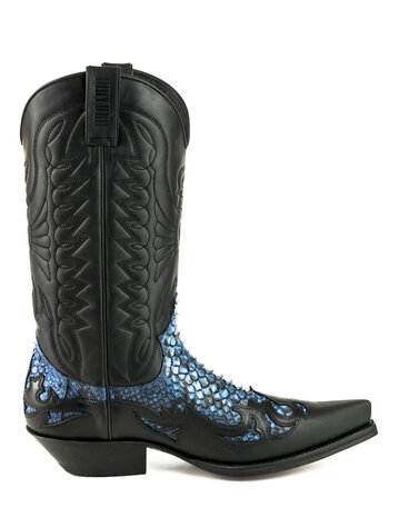 Mayura Boots 1935P Black/ Blue Python Pointed Cowboy Western Boots Slanted Heel Straight Shaft Pull Loops Goodyear Welted