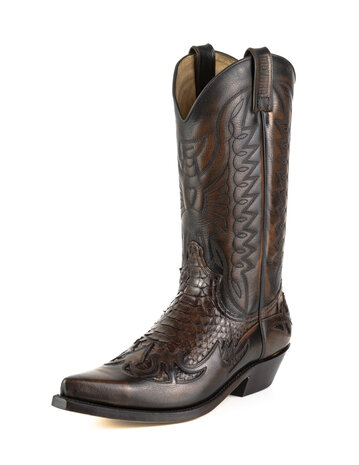 Mayura Boots 1935P Brown/ Rust Brown Phyton Pointed Cowboy Western Boots Slanted Heel Straight Shaft Pull Loops Goodyear Welted