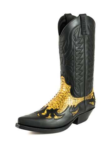 Mayura Boots 1935P Zwart/ Camel Python Spitse Cowboy Western Laarzen Schuine Hak Rechte Schacht Treklussen Goodyear Welted voot