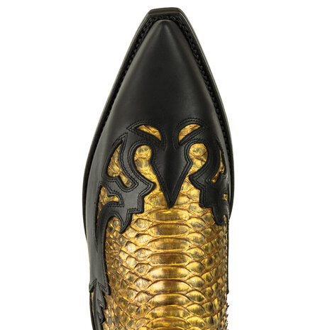 Mayura Boots 1935P Zwart/ Camel Python Spitse Cowboy Western Laarzen Schuine Hak Rechte Schacht Treklussen Goodyear Welted Deta