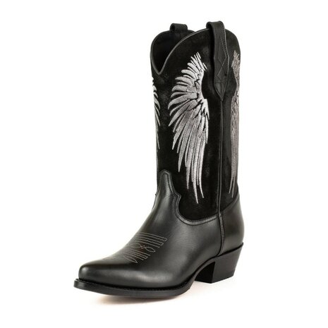 Mayura Boots WINGS 2666 Black Women's Western Boots Ornamental Stitching Pointed Nose Sloping Heel Smooth And Suede Leat