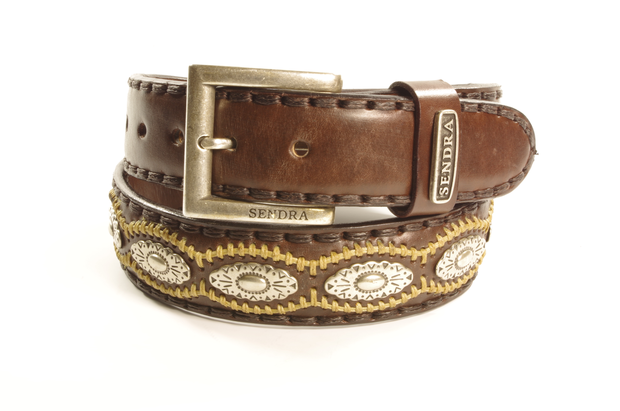 Sendra Belt 7606 Brown Women Men Cowboy Western Ibiza Bohemian 4cm Wide Jeans Trouser Belt Silver-colored Conchos Interchangeable Buckle