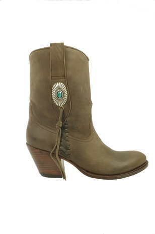 Sendra Boots 10748 Laly Dark Taupe Ladies Ankle Boots Slanted High Heel Round Toe Concho Turquoise Braid
