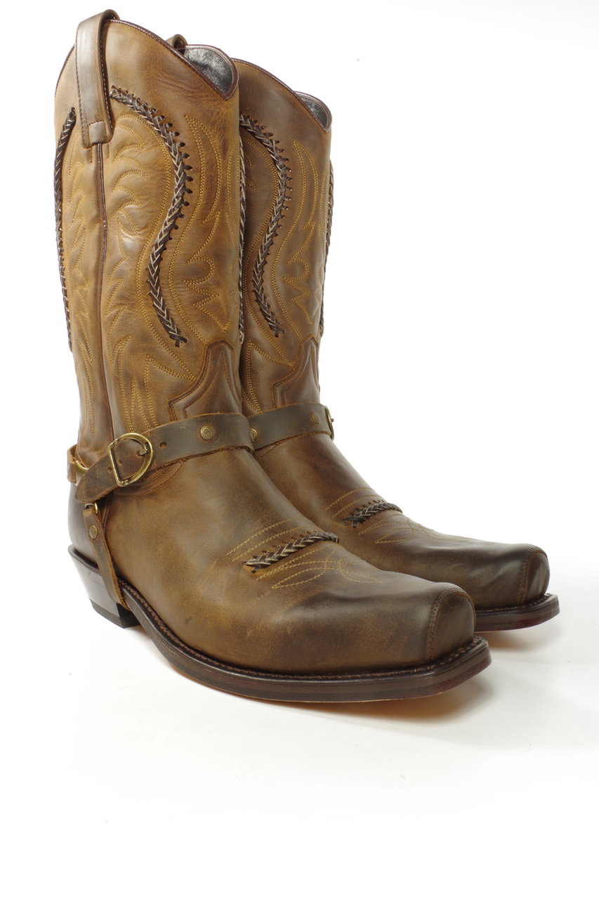 Sendra Boots 3434 Sam Brown Biker Western Boots Square Toe Bit Slanted Heel Leather sole Ornamental Wickerwork on Instep and Shaft Genuine leather