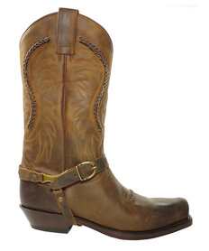 Sendra Boots 3434 Sam Brown Biker Western Boots Square Toe Bit Slanted Heel Leather sole Ornamental Wickerwork on Instep and Shaft Genuine leather