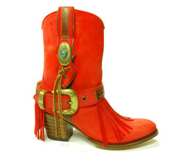 Sendra Boots 11970 Laly Red Ladies Ankle Boots Nubuck Round Toe High Heel Decorative Spur Copper Buckles