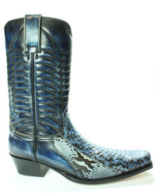 Sendra Boots 5907 Python Mimo Blue Cowboy Western Men Boot Shortened Pointed Toe Slightly Slanted Heel Leather Sole Straight Shaft Pull Loops