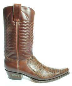 Sendra Boots 5907 Brown Men Cowboy Western Boot Tooled Floral Pattern Shortened Pointed Toe Slightly Slanted Heel Straight Shank Pull Loops