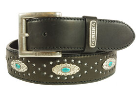 Sendra Belt 1102 Black Ladies Men's belt Die-cut Star Conchos with Turquiose Interchangeable Buckle Cowboy- Western Ibiza Gipsy 4cm wide Jeans Belt