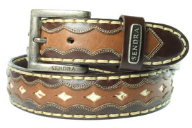 Sendra Belt 7576 Brown Men Women Belt Cowboy Western Ibiza Bohemian 4cm Wide Jeans Trouser Belt Python Scalloped Edge Diamond Pattern Changeable Buckle