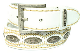 Sendra Belt 7606 White Cowboy Western Ibiza Bohemian Women Men Belt 4cm Wide Jeans Trouser Belt Silver Conchos Changeable Buckle