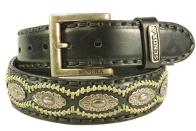 Sendra Belt 7606 Black Cowboy Western Ibiza Bohemian Women Men Belt 4cm Wide Jeans Trouser Belt Silver Conchos Changeable Buckle