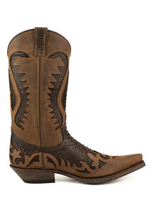 Mayura Boots 2567P Brown/ Dark Brown Python Pointed Cowboy Western Boots Slanted Heel Straight Shaft Pull Loops Goodyear Welted