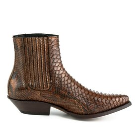 Mayura Boots 2575 Cognac Brown Python Pointed Western Men's Ankle Boot Wedge Heel Elastic Closure 