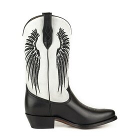 Mayura Boots WINGS 2666 White Black Women's Western Boots Ornamental Stitching Pointed Nose Sloping Heel Smooth And Suede Leather