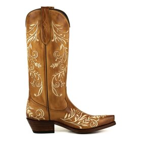 Mayura Boots 2669 Cognac/ Pointed Cowboy Western Line Dance Ladies Creme Embroidered Floral pattern Boots Sloping Heel Genuine Leather Embroidery