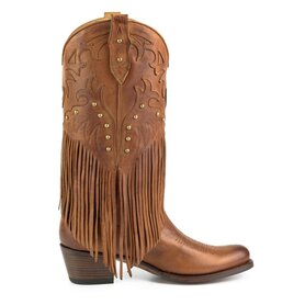 Mayura Boots 2475 Cognac Ladies Boho Fringe Western Boots Ornamental Stitching Round Nose Sloping Heel Glossy Leather 