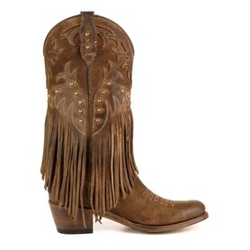 Mayura Boots 2475 Brown Ladies Boho Fringe Western Boots Ornamental Stitching Round Nose Sloping Heel Suede Leather 